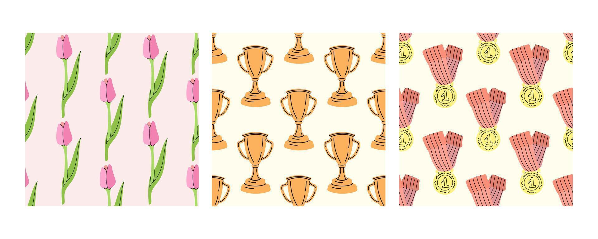 Seamless patterns with tulips, trophies, and medals in flat doodle style vector