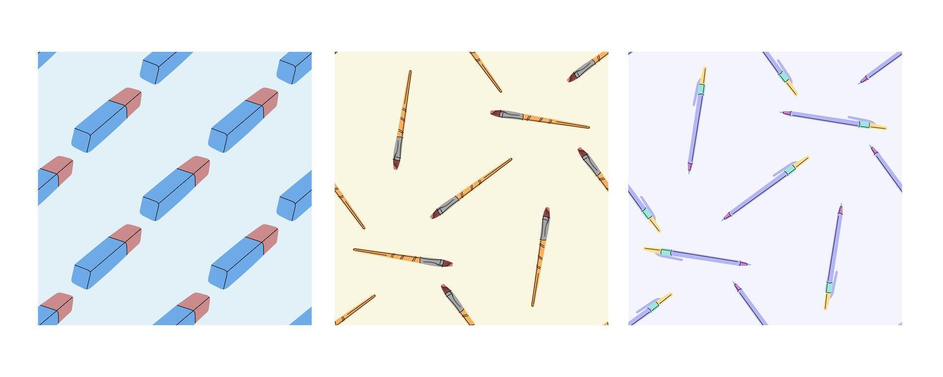 Seamless patterns with erasers, paint brushes, and pens in flat doodle style vector