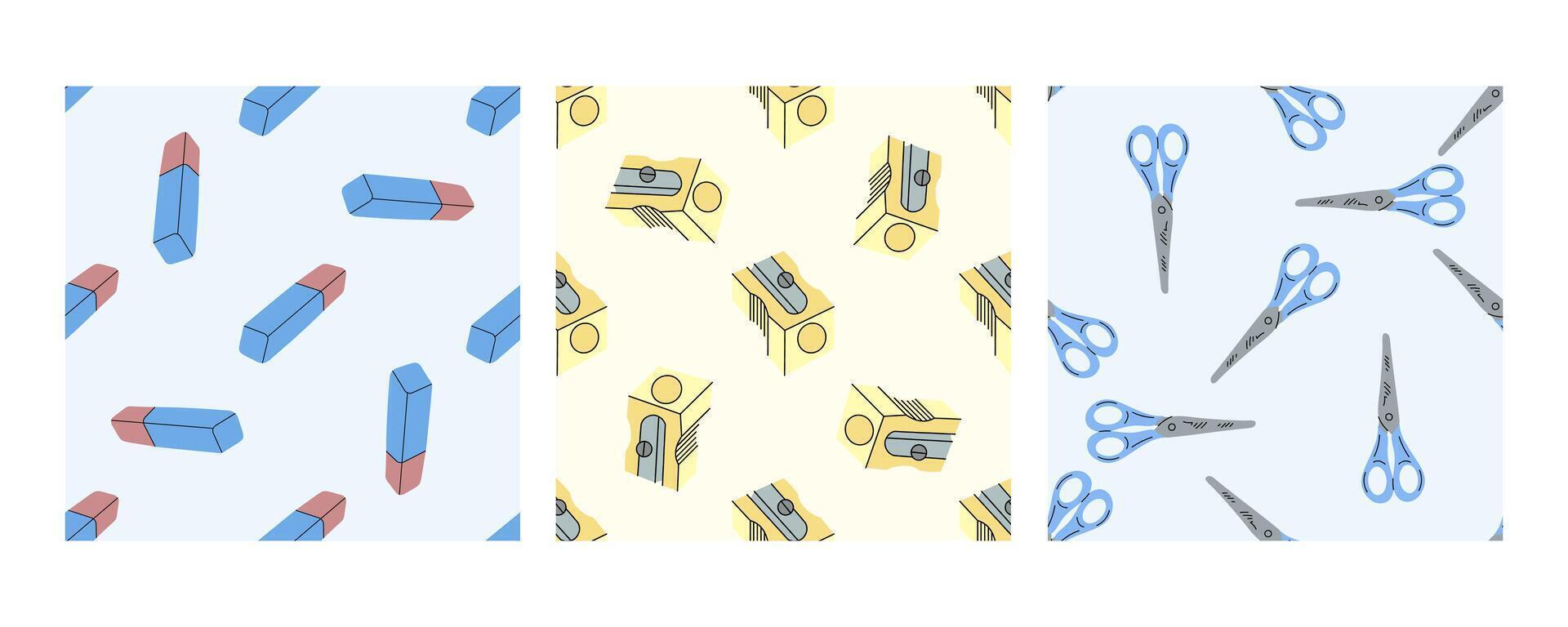 Seamless patterns with erasers, sharpeners, and scissors in flat doodle style vector