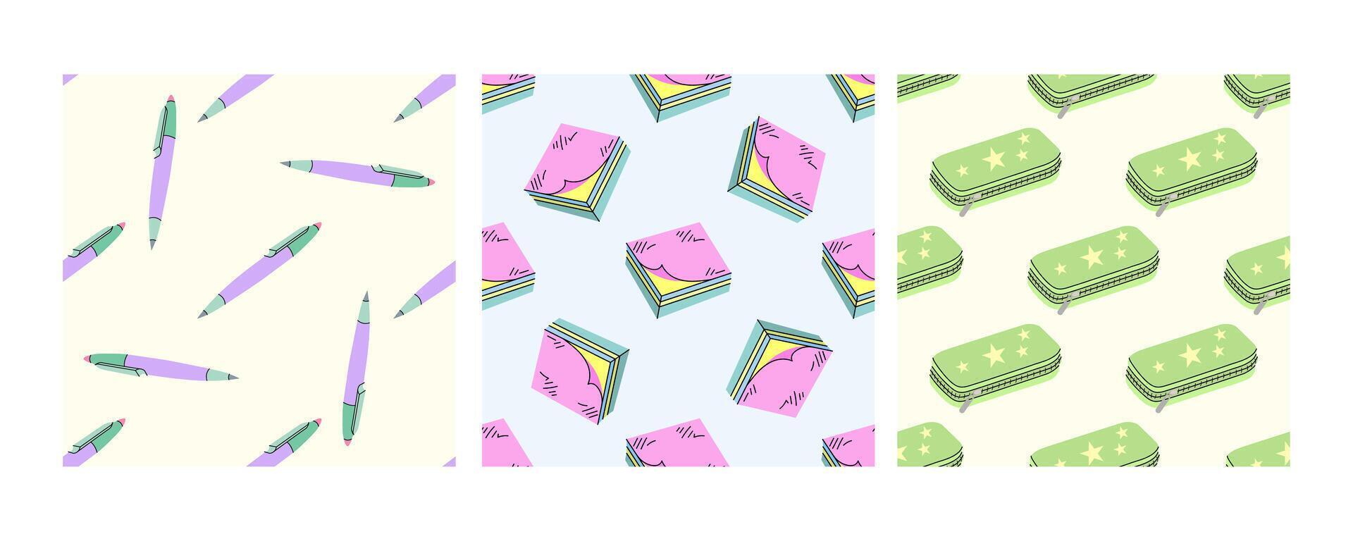Seamless patterns with pens, sticky notes, and pencil cases in flat doodle style vector