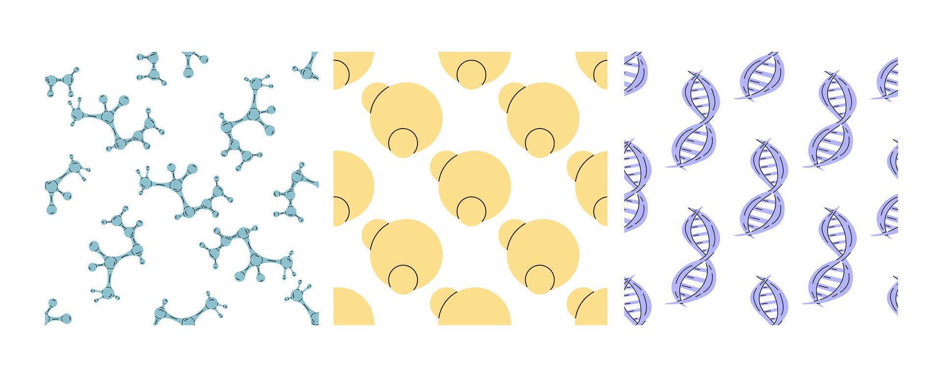 Seamless patterns with molecules, abstract circles, and DNA strands in flat doodle style vector