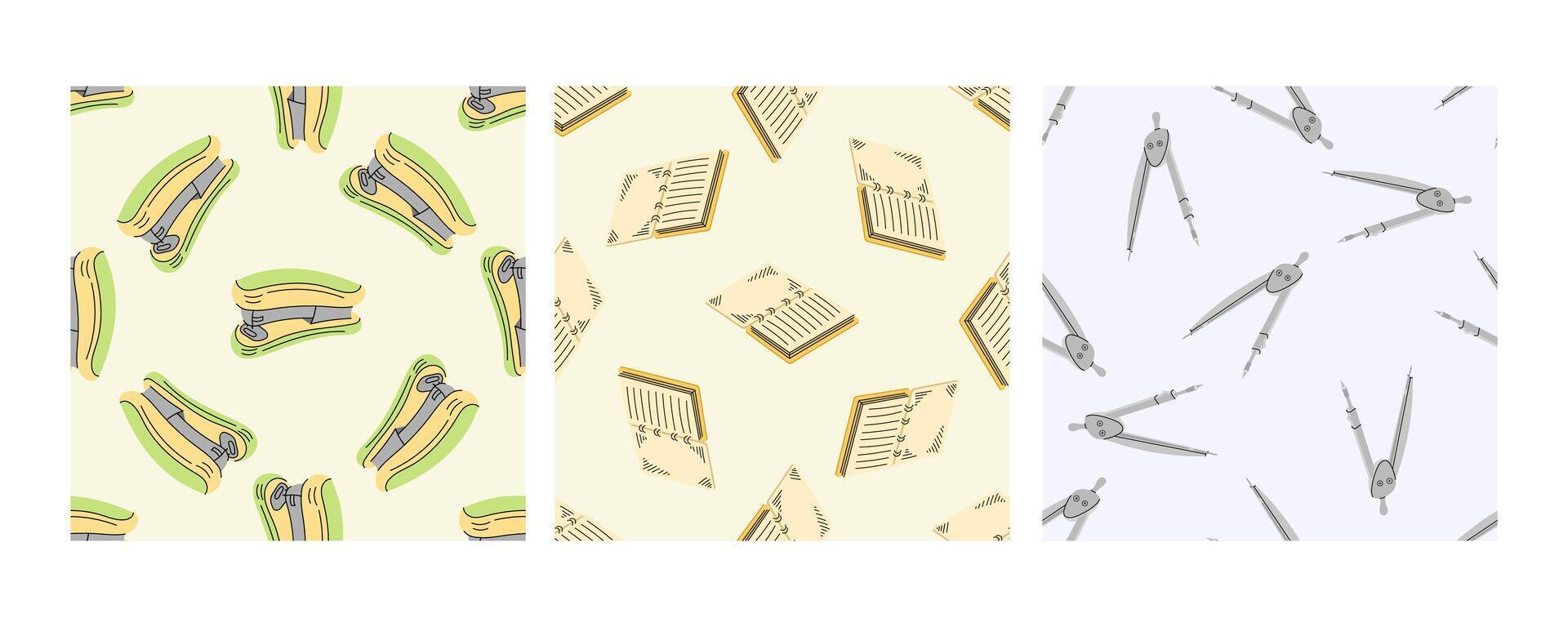 Seamless patterns with staplers, notebooks, and compasses in flat doodle style vector