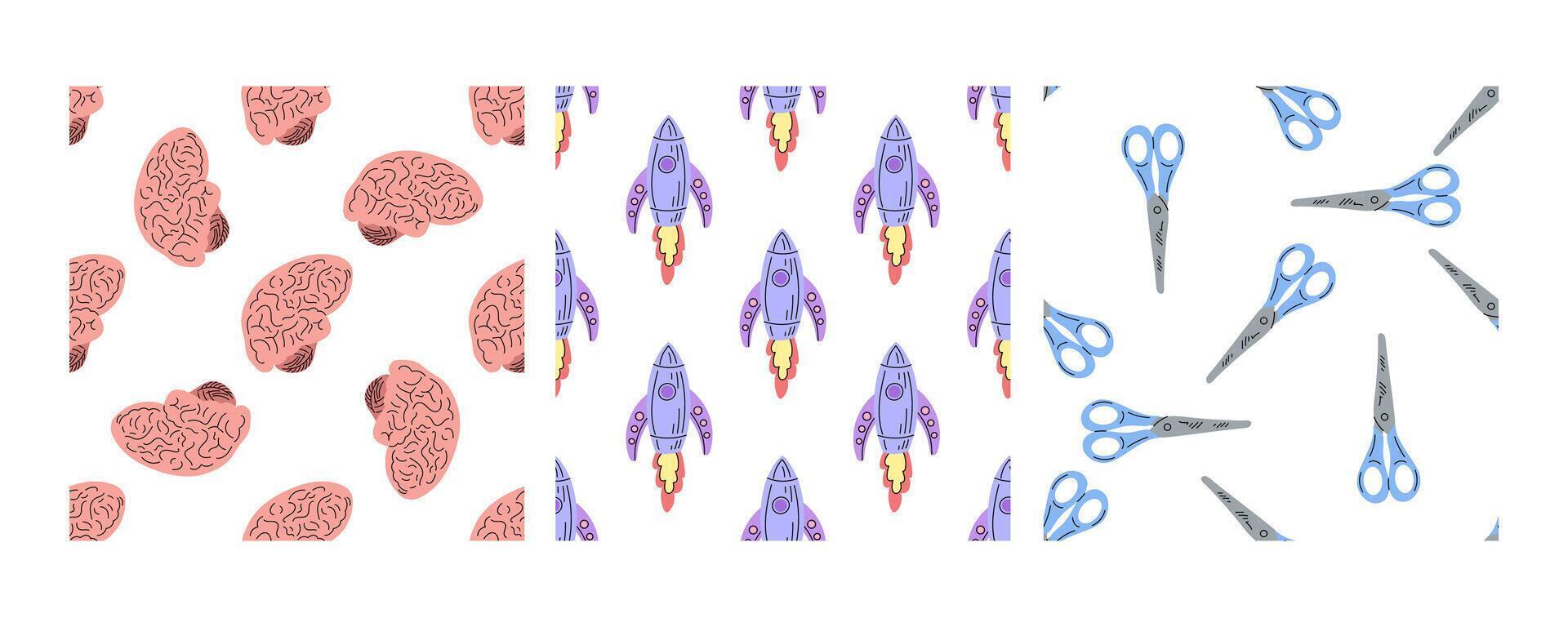Seamless patterns with brains, rockets, and scissors for school in flat doodle style vector