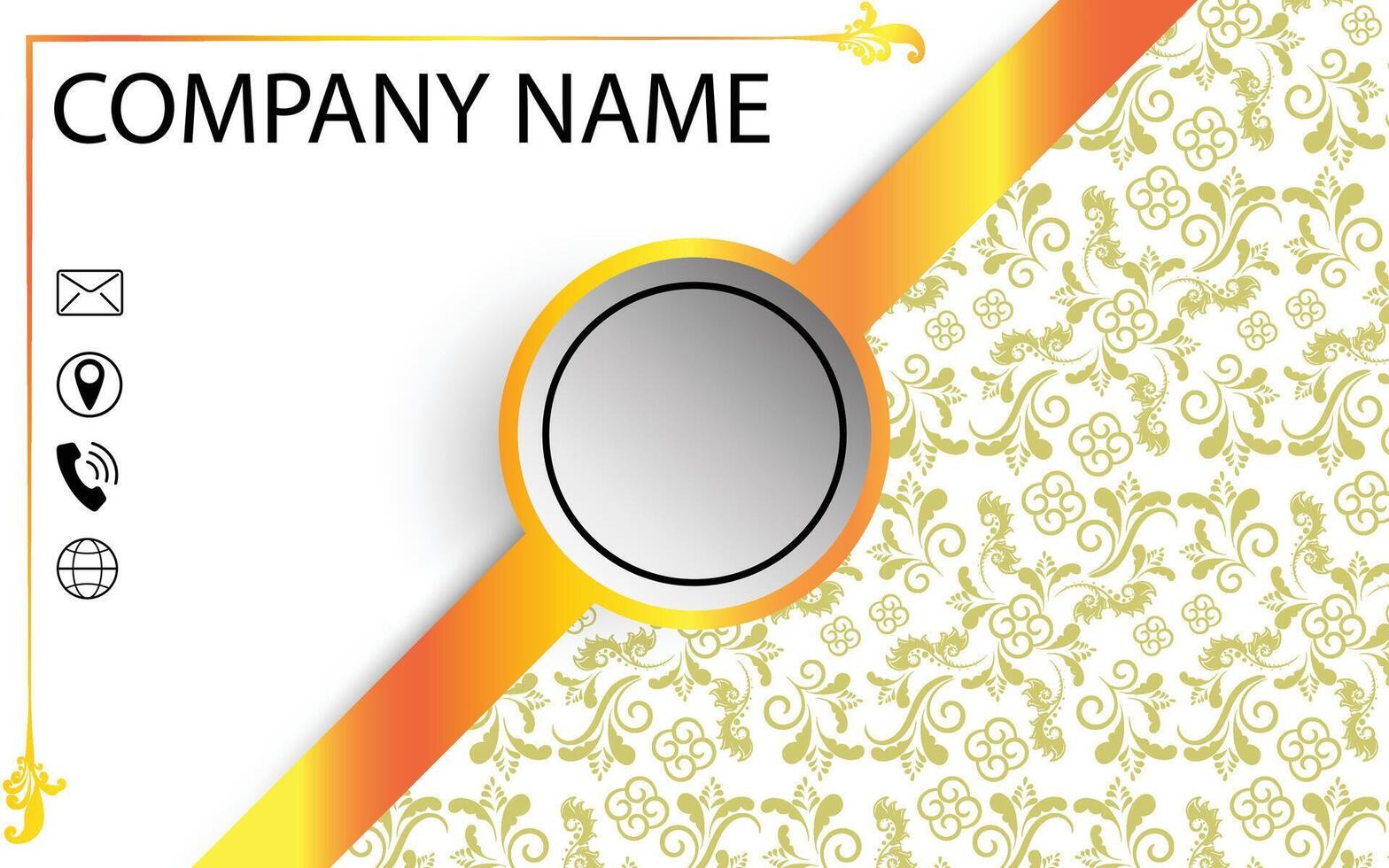 a business card with a gold and white design vector