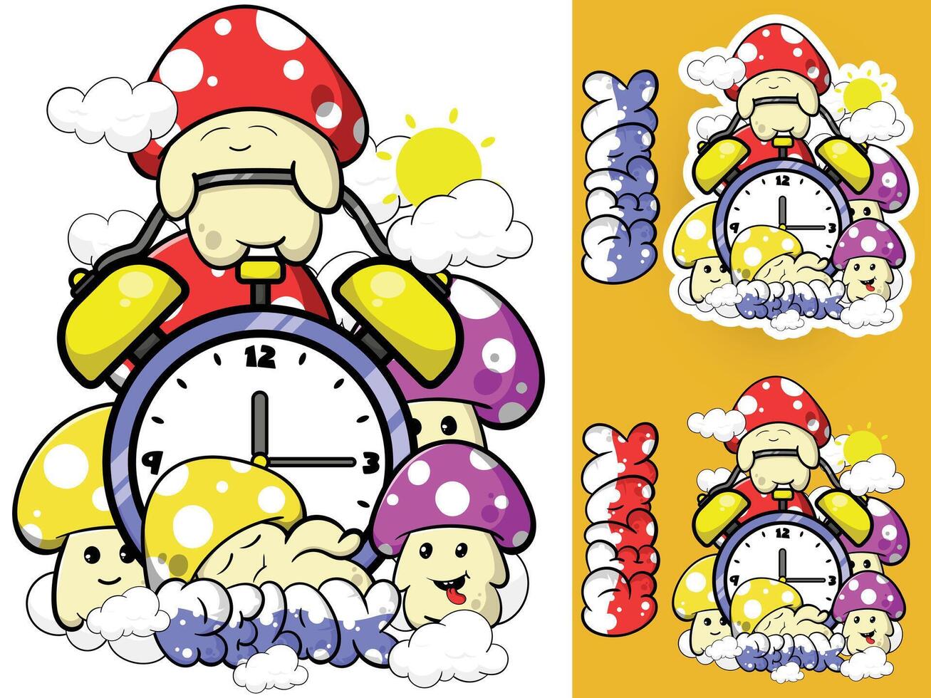 a cartoon mushroom and clock with a mushroom on top vector