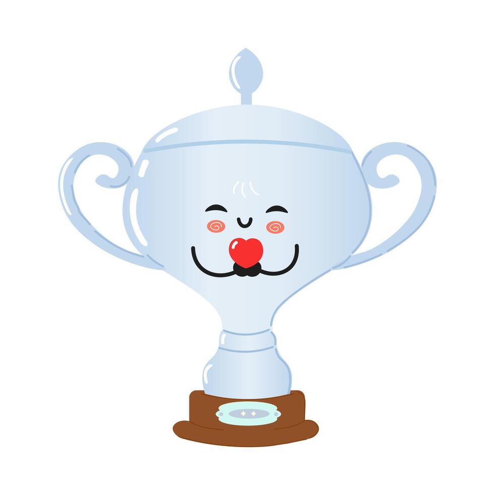 A happy cartoon Silver trophy cup character with a heart on a plain white background, symbolizing love and joy. Happy Silver trophy cup in love character concept vector