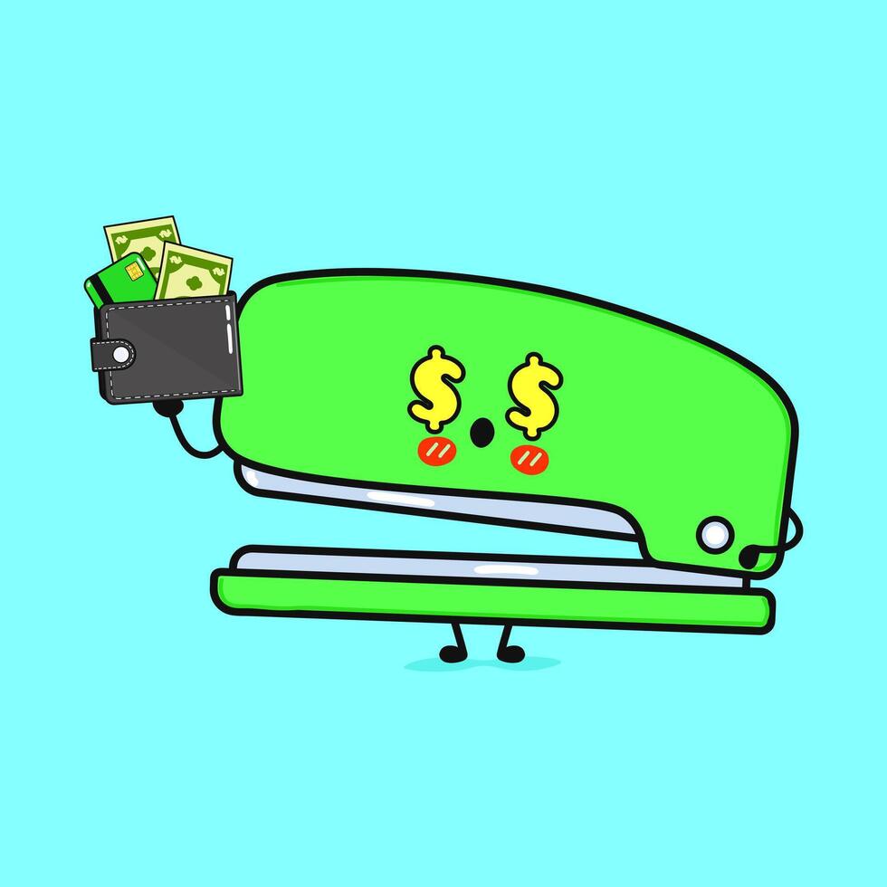 Stapler Dollar, Wallet, Money character. hand drawn cartoon kawaii character illustration icon. Isolated on blue background. Stapler character concept vector