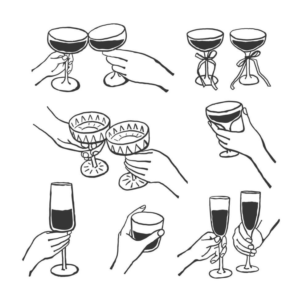 Hand drawn hands holding drink glasses in sketch style. Cheers toast festive decoration for holidays, romantic Valentine's Day design vector