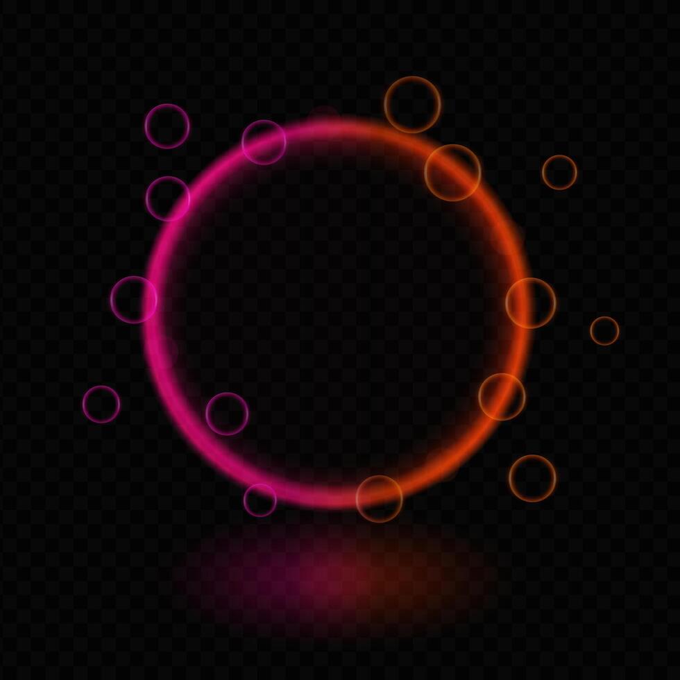 Neon magic circle. Glowing multicolor ring, futuristic light effects, beam, reflection, bubbles, sci-fi energy, luminescent halo, technology frame, vibrant glow, digital interface vector