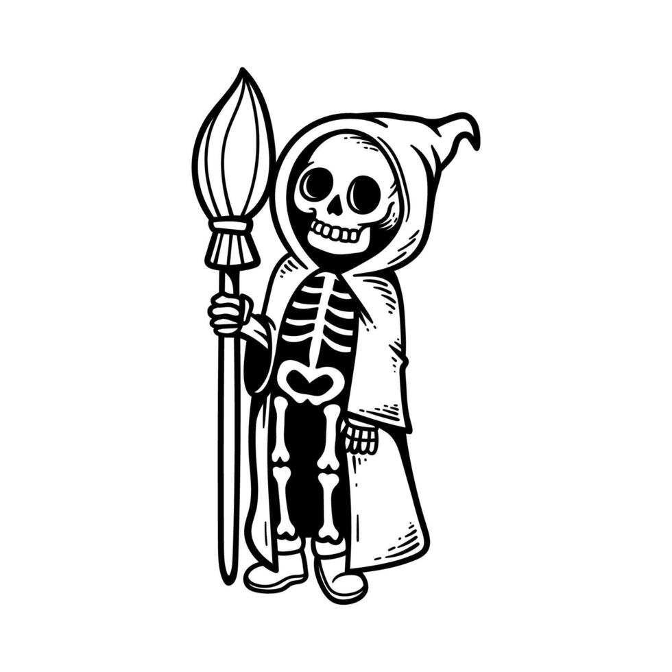 fun Halloween wizard skeleton cartoon character isolated drawing line art style sketch classic vintage design illustration vector