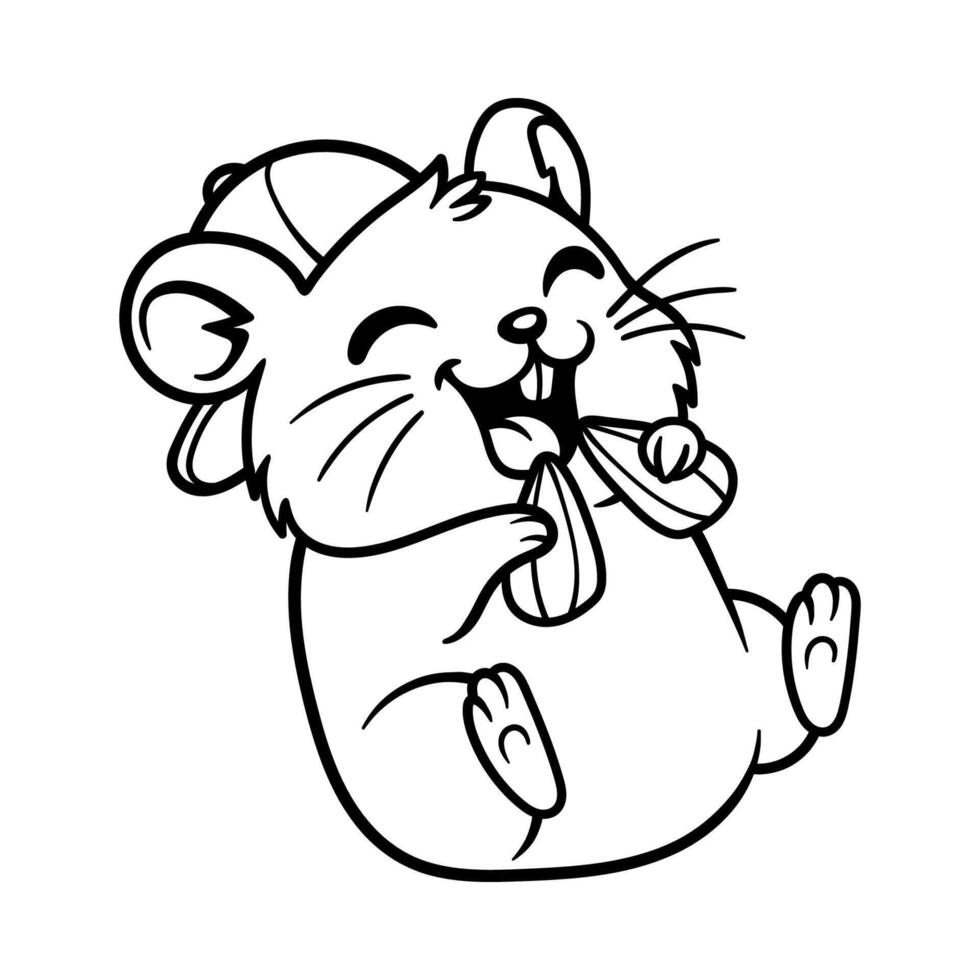 fun hamster boy eating sunflower seed cartoon character isolated drawing line art style sketch classic vintage design illustration vector