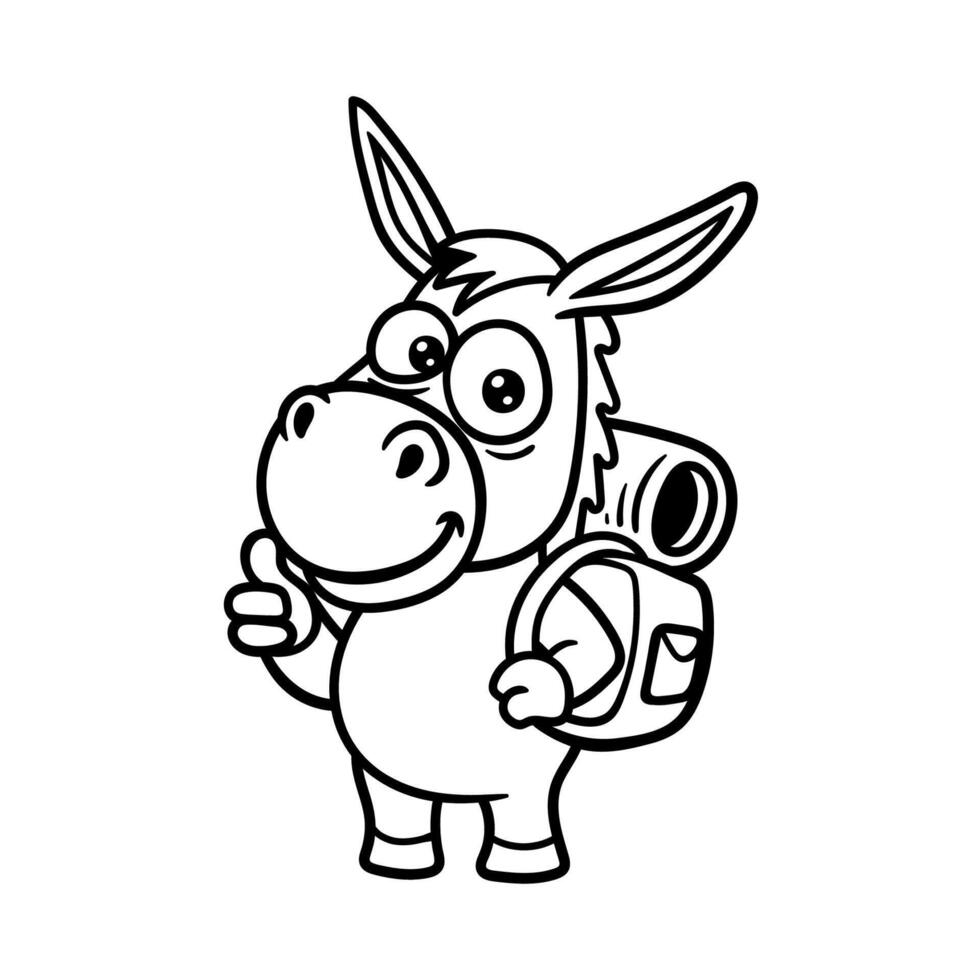fun cute donkey adventurer explorer cartoon character isolated drawing line art style sketch classic vintage design illustration vector