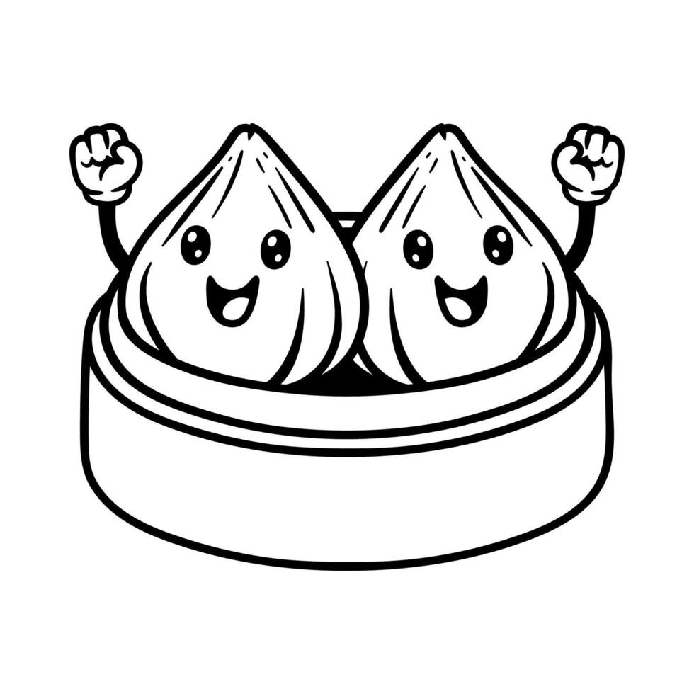 fun twin dim sum dumpling cartoon character isolated drawing line art style sketch classic vintage design illustration vector