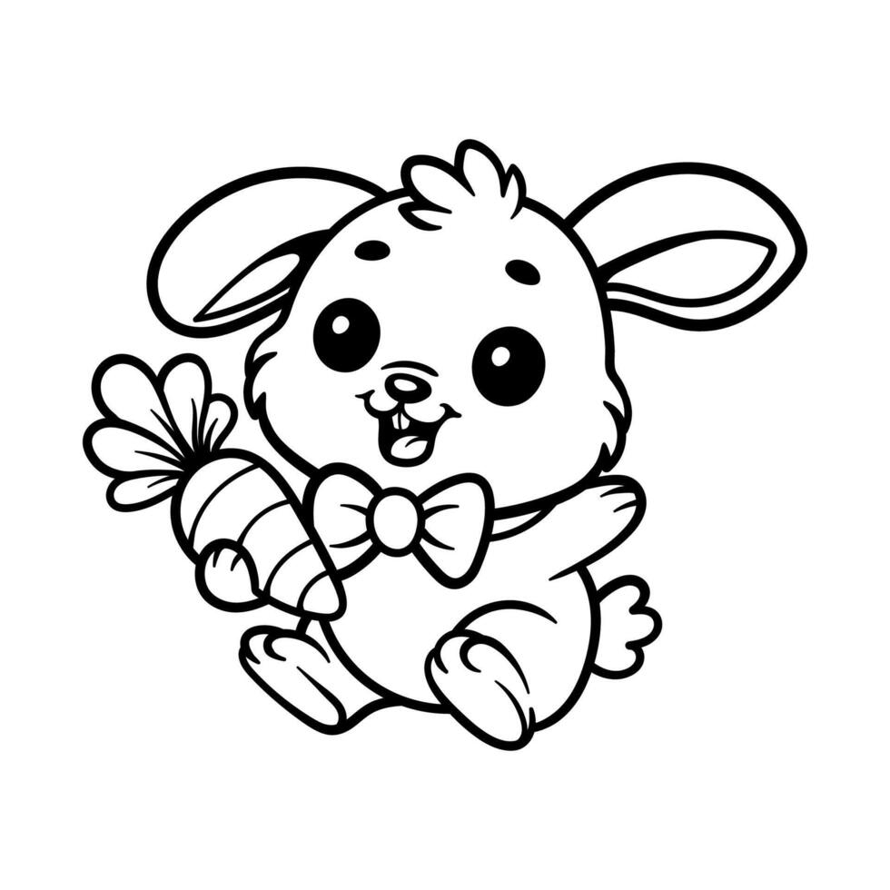fun rabbit with carrot cartoon character isolated drawing line art style sketch classic vintage design illustration vector