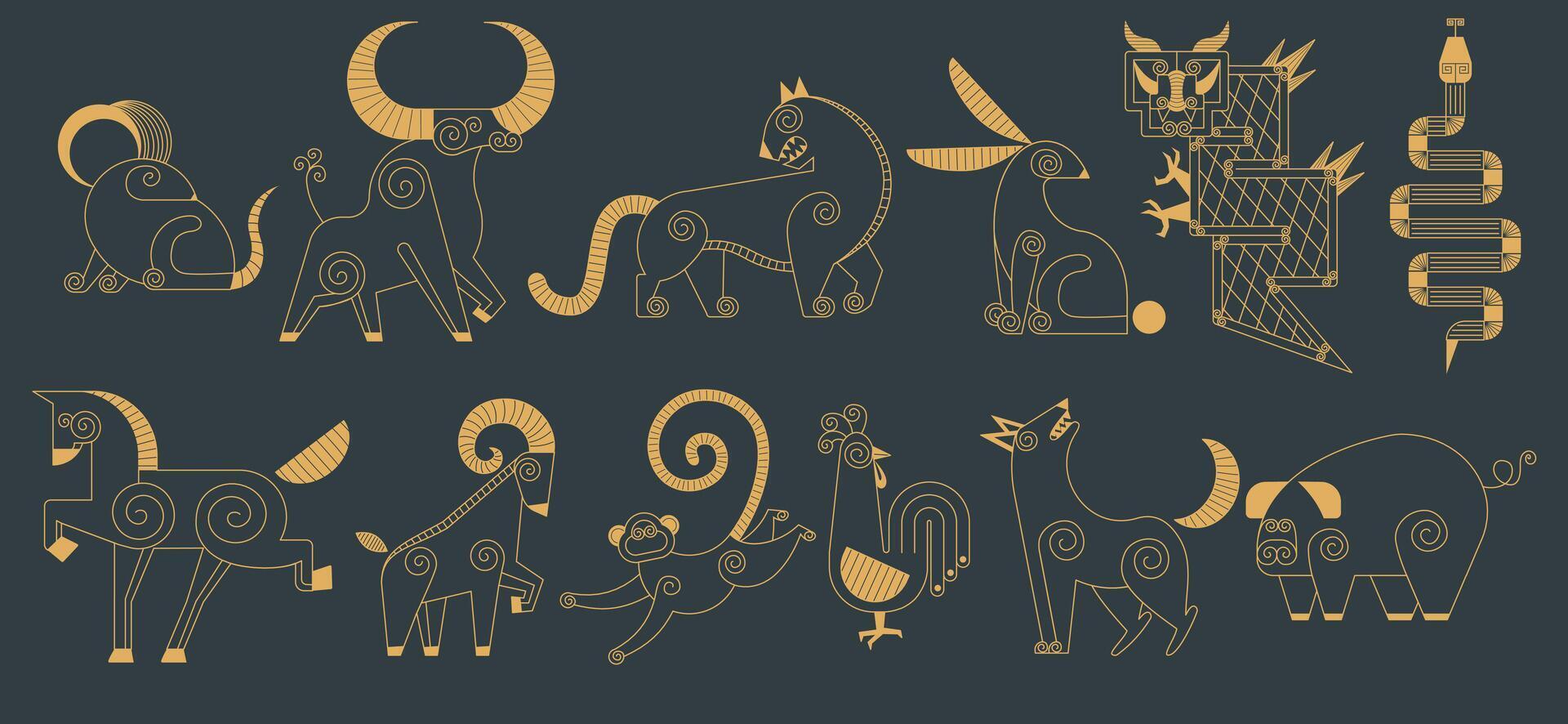 Trending Chinese new year horoscope animal icons gold on dark background set. Chinese zodiac calendar logo, Asian lunar astrological signs. Linear simple minimalistic locational style. vector