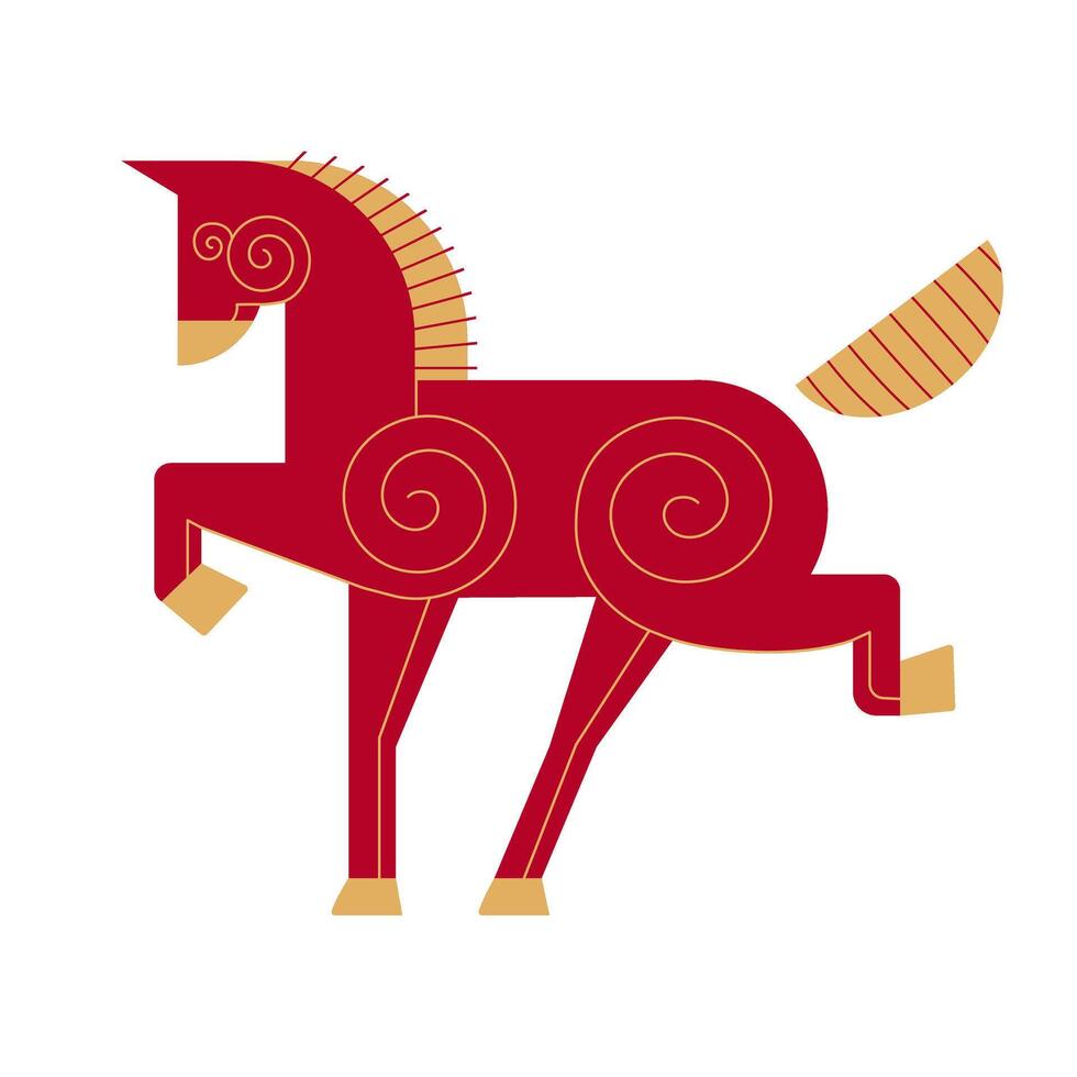 Trendy chinese new year horoscope abstract red and gold geometric animal horse flat simple minimalist local style. Chinese zodiac calendar logo, Asian lunar astrological signs vector