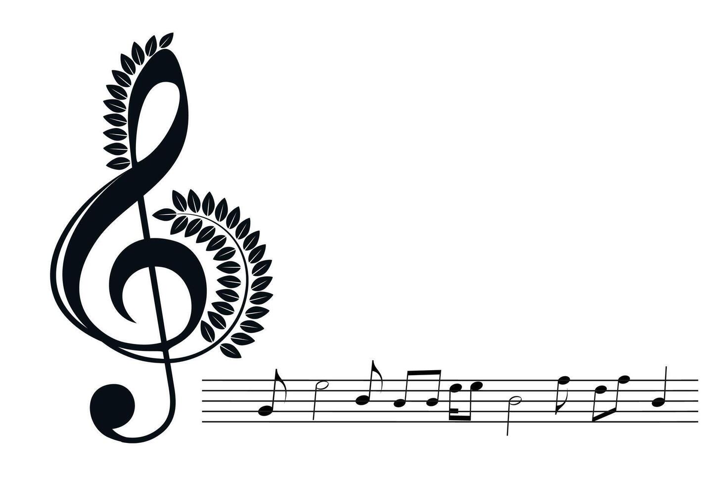 Black treble clef sign, decorated music key symbol, musical melody illustration, notes sound icons. Musical background, design fest card, jazz poster, concert performance banner. Copy space, isolated vector