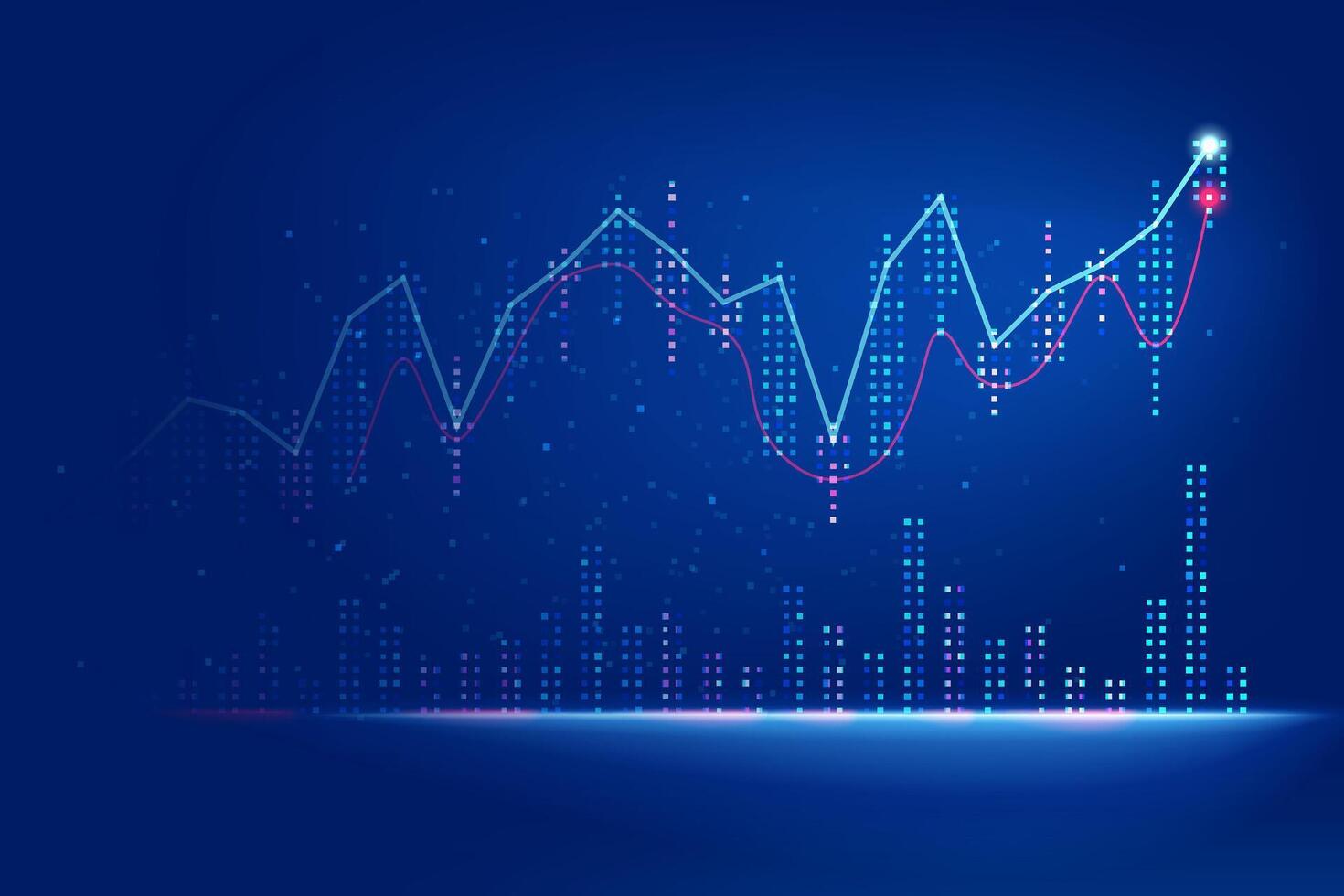stock market chart pattern moving up with blue and red neon light effect on blue background, trading, investment, market strategy plan vector