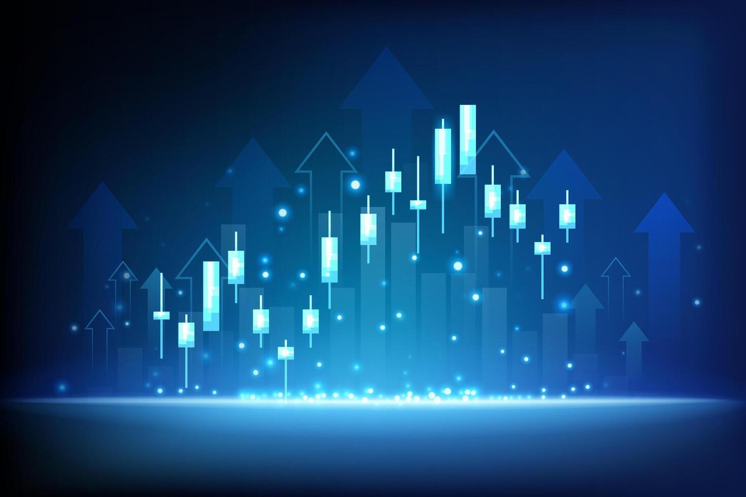business financial stock market candlestick chart with arrow upside digital technology blue background vector