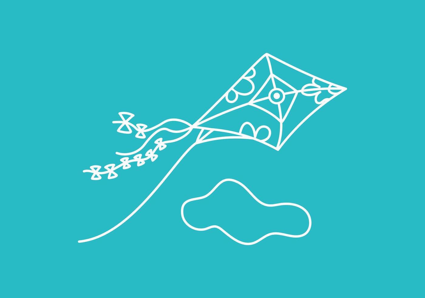 Kite with ornament, ribbons, flying in the clouds. Hand drawn icon, doodle. Line drawing, sketch on color isolated background. vector