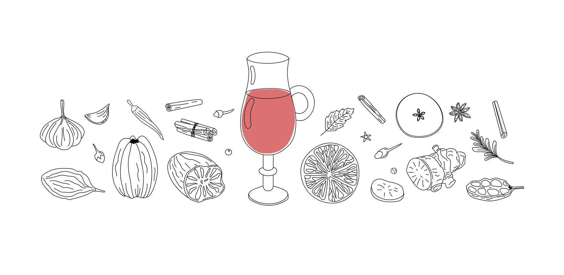 Mulled wine recipe. Drink glass with ingredients. Wine drink, spice linear icons. Restaurant drink card, menu, culinary master class on winemaking. vector