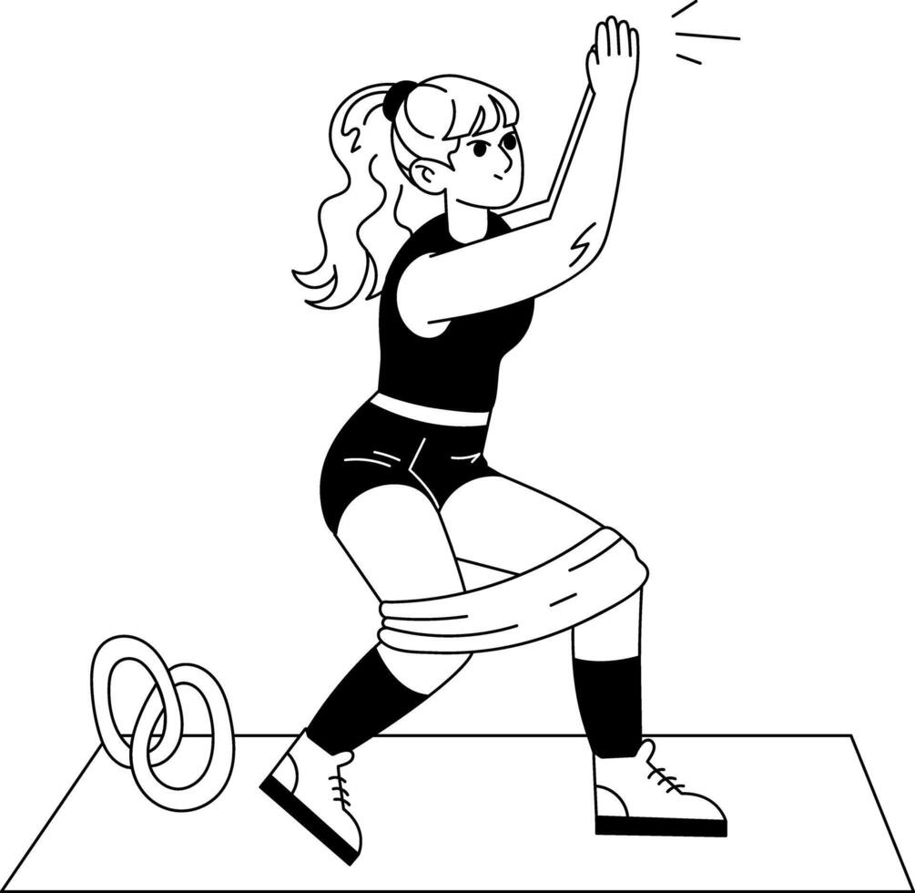 A hand drawn illustration of female player doing physical training with stretching band vector