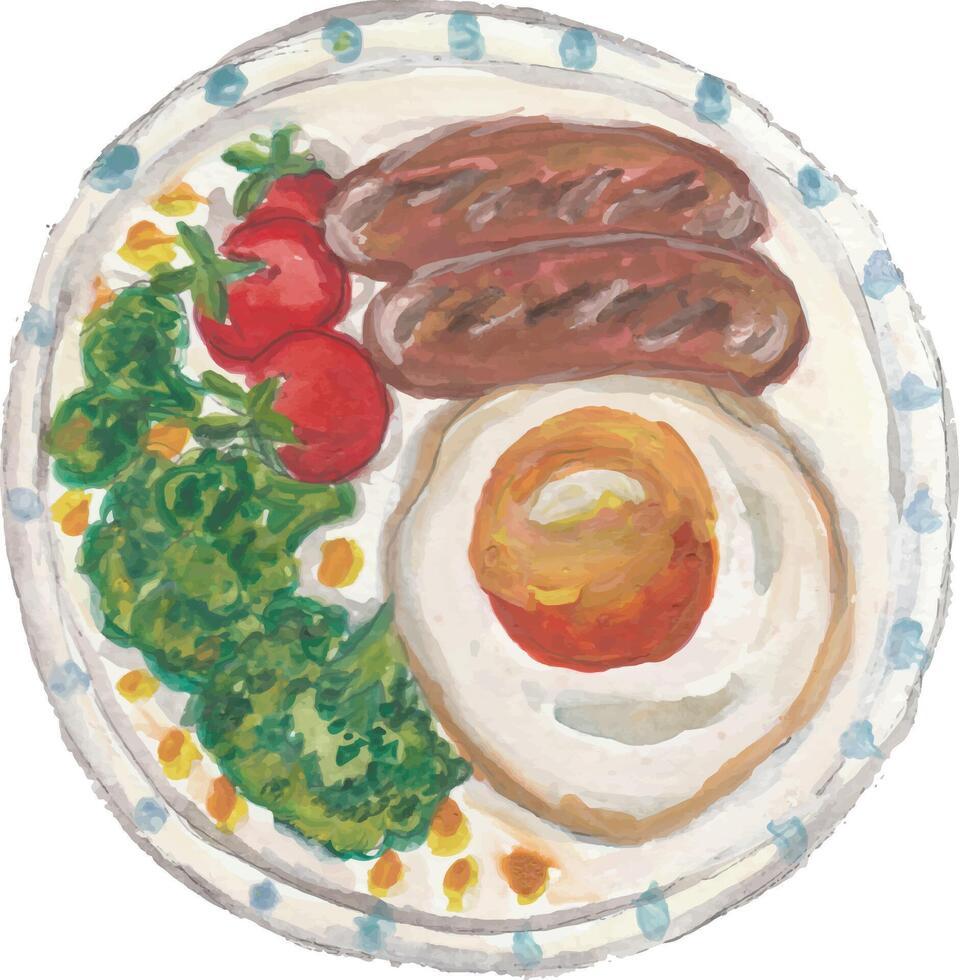 Breakfast sunny side sausage broccoli tomato hand drawn watercolour illustration vector