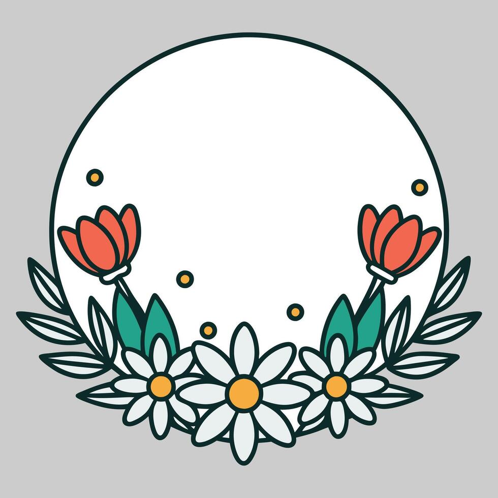 Elegant White Circular Frame with Floral Wreath Icon Illustration. vector