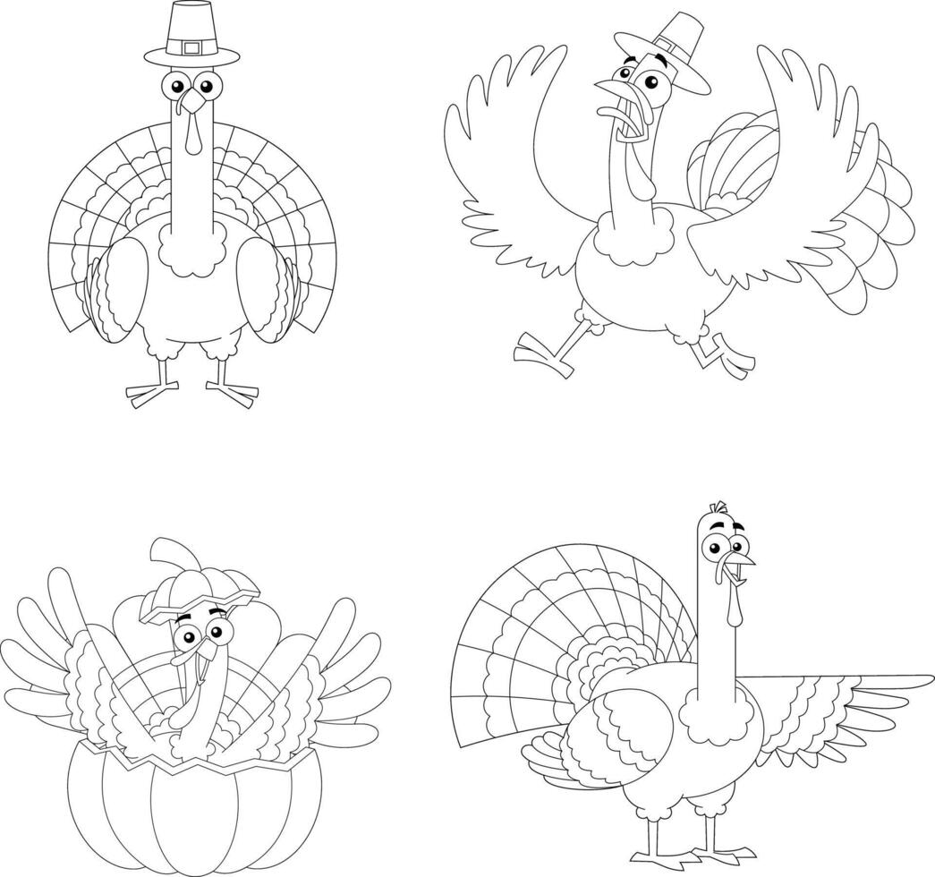 Outlined Turkey Cartoon Characters In Different Poses. Hand Drawn Collection vector