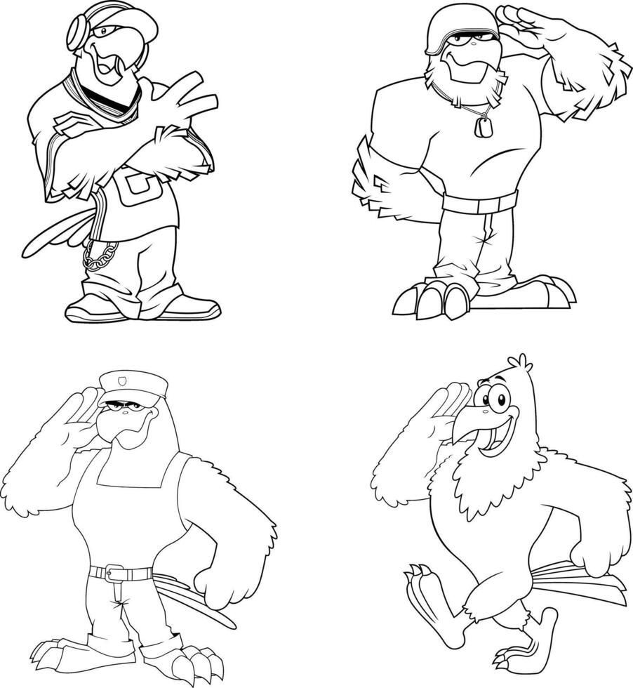 Outlined Eagle Cartoon Characters. Hand Drawn Collection Set vector