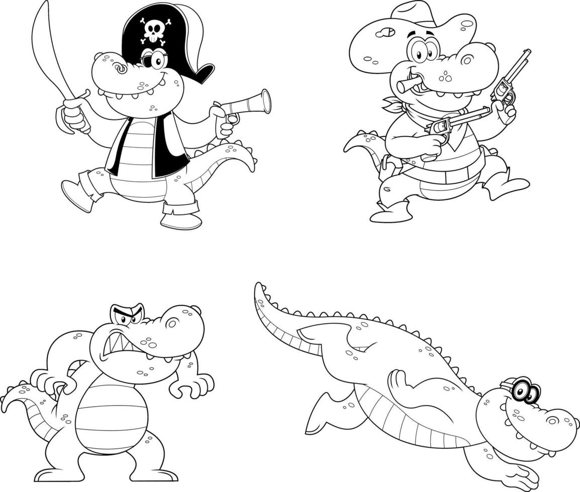 Outlined Alligator Or Crocodile Cartoon Character Different Poses. Collection vector