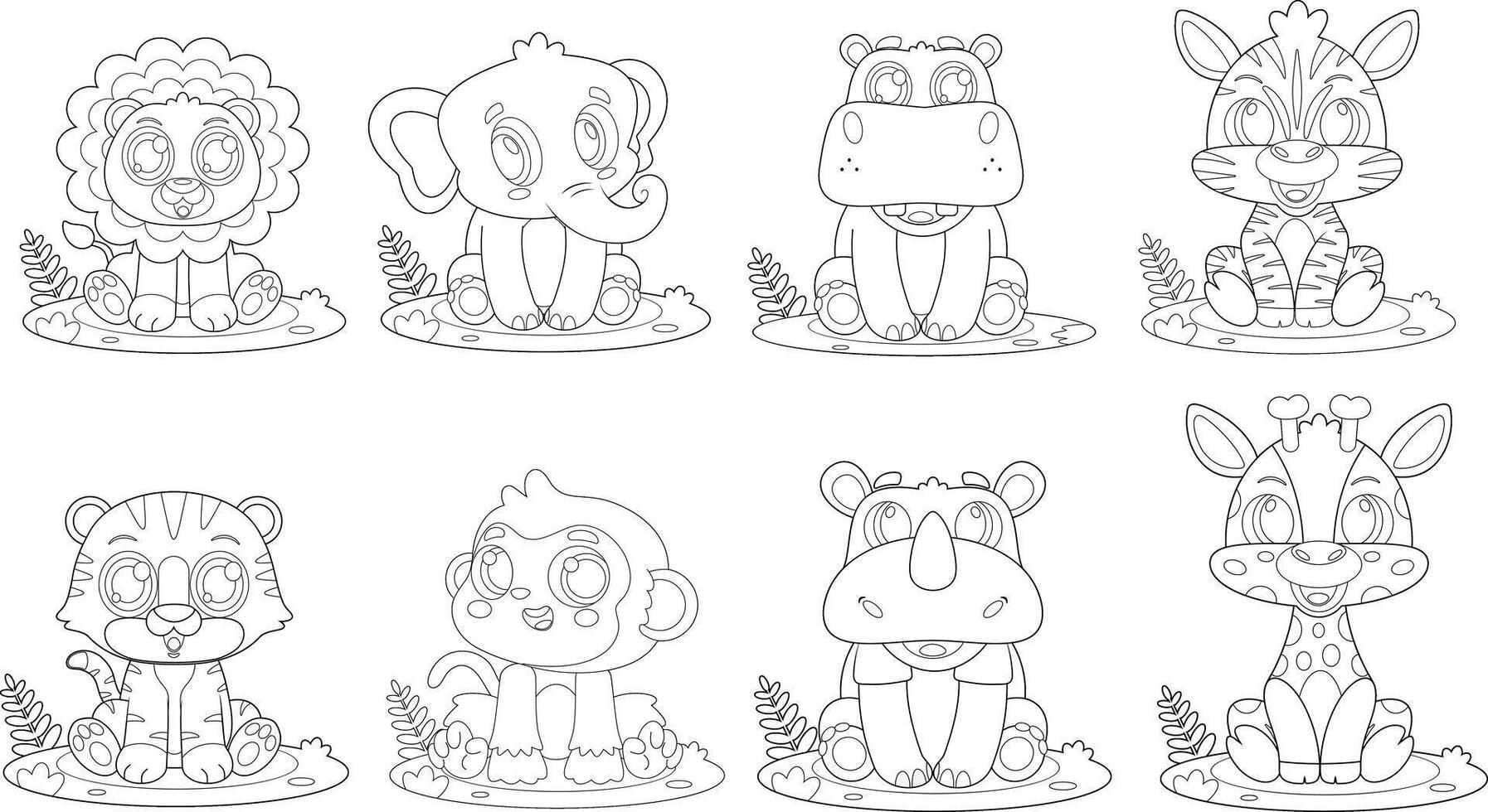 Outlined Cute Baby Safari Animal Cartoon Characters. Hand Drawn Collection Set vector