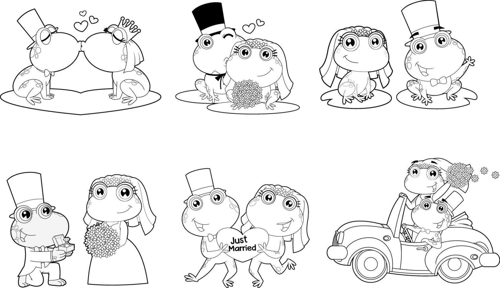 Outlined Cute Frogs Cartoon Characters Newlyweds. Hand Drawn Collection Set vector