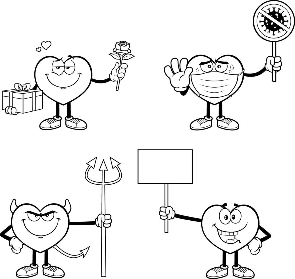 Outlined Heart Cartoon Character Series. Collection Set vector