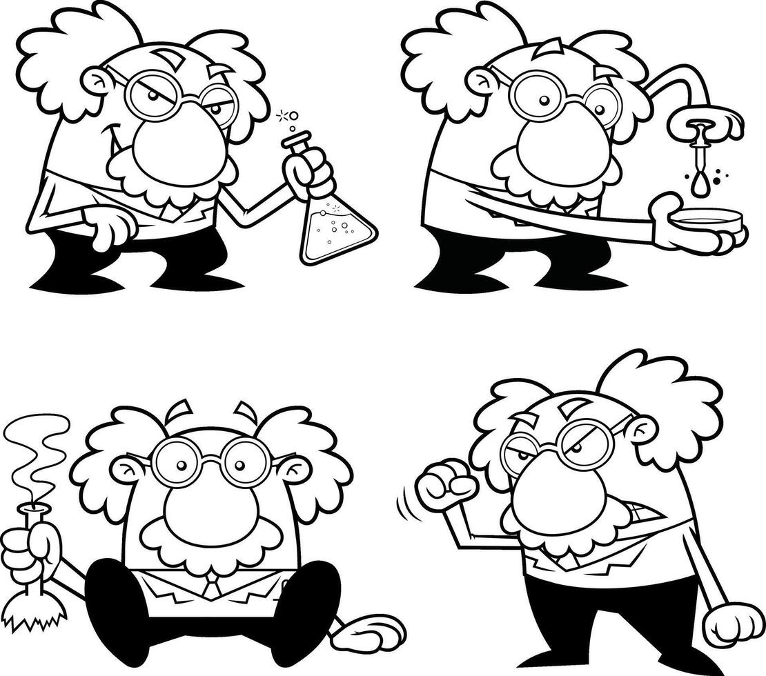Outlined Science Professor Cartoon Character Poses vector