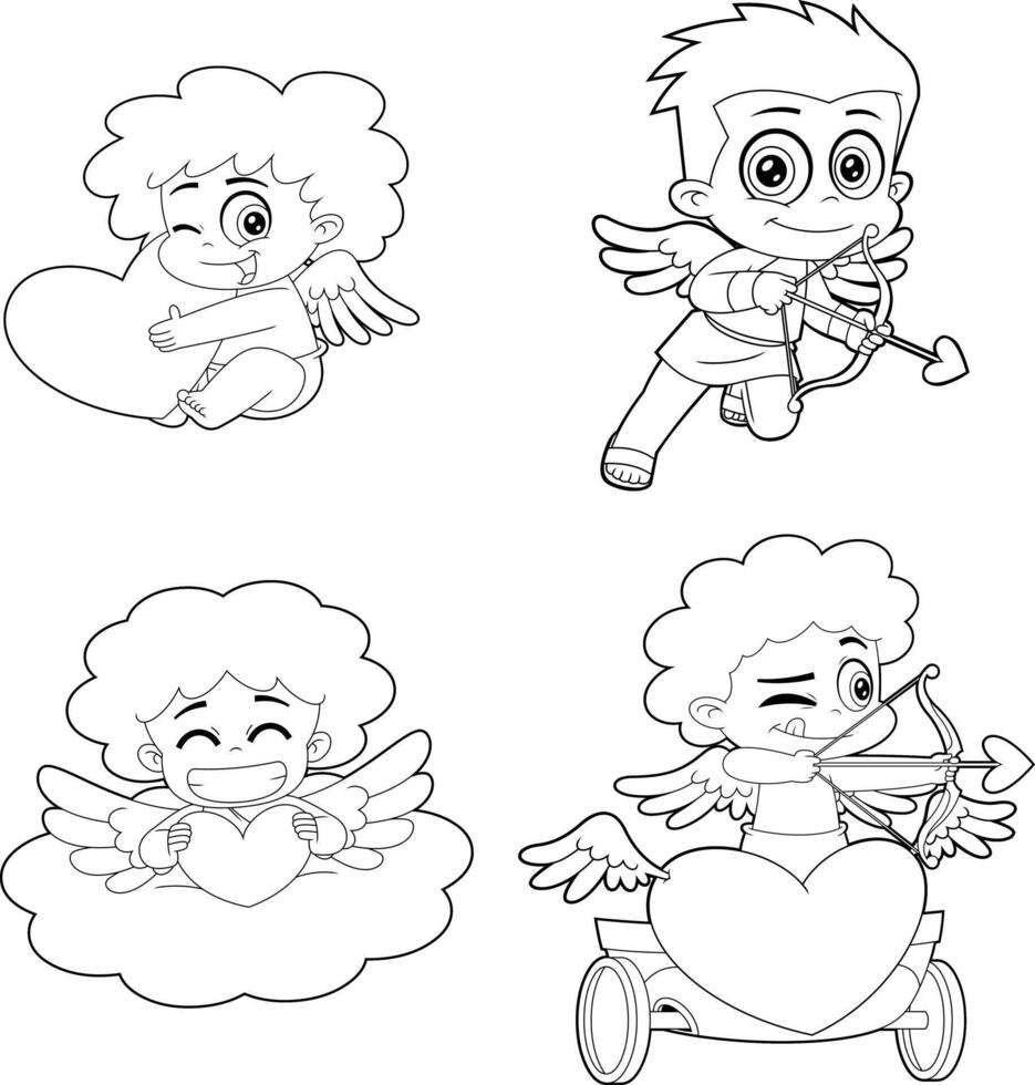 Outlined Cute Cupid Babies Cartoon Characters. Hand Drawn Collection Set vector