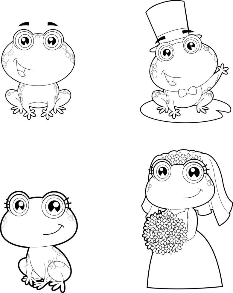 Outlined Cute Frogs Characters Newlyweds. Hand Drawn Collection Set Isolated On Transparent Background vector