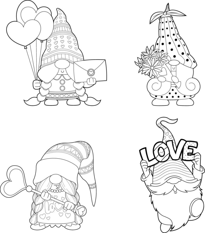 Outlined Cute Gnomes Lover Cartoon Characters In Different Poses. Hand Drawn Collection Set vector