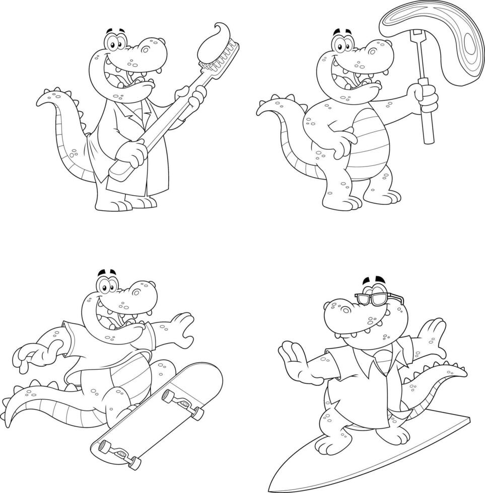 Outlined Alligator Or Crocodile Cartoon Character Different Poses. Hand Drawn Collection Set vector