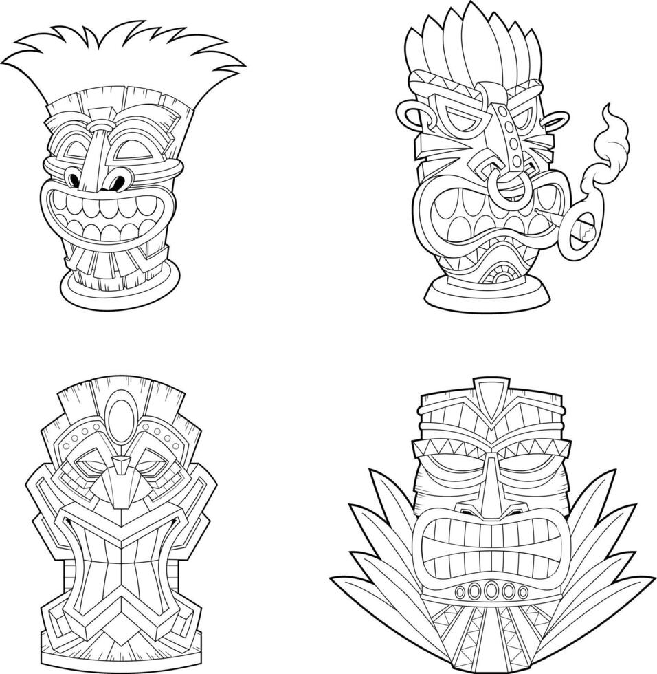 Outlined Cartoon Tiki Tribal Wooden Masks. Hand Drawn Collection Set Isolated On Transparent Background vector