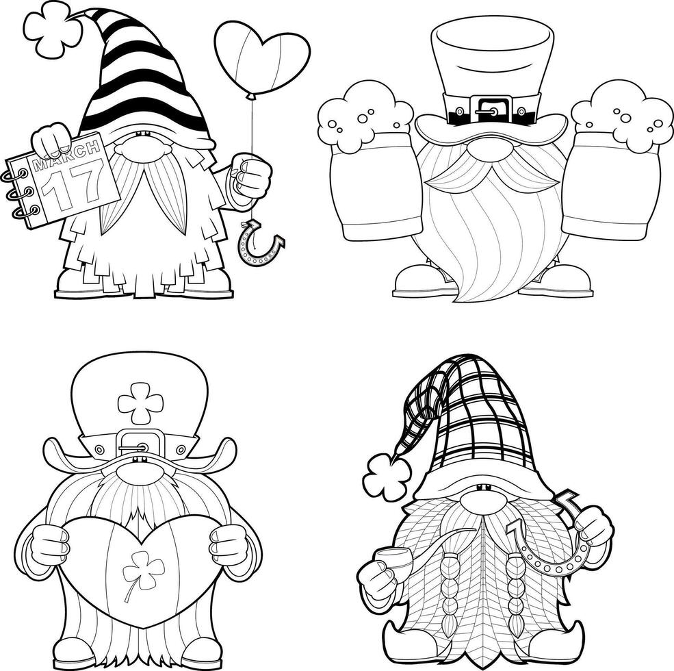 Outlined St Patrick s Day Gnomes Cartoon Characters In Different Poses. Hand Drawn Collection Set vector