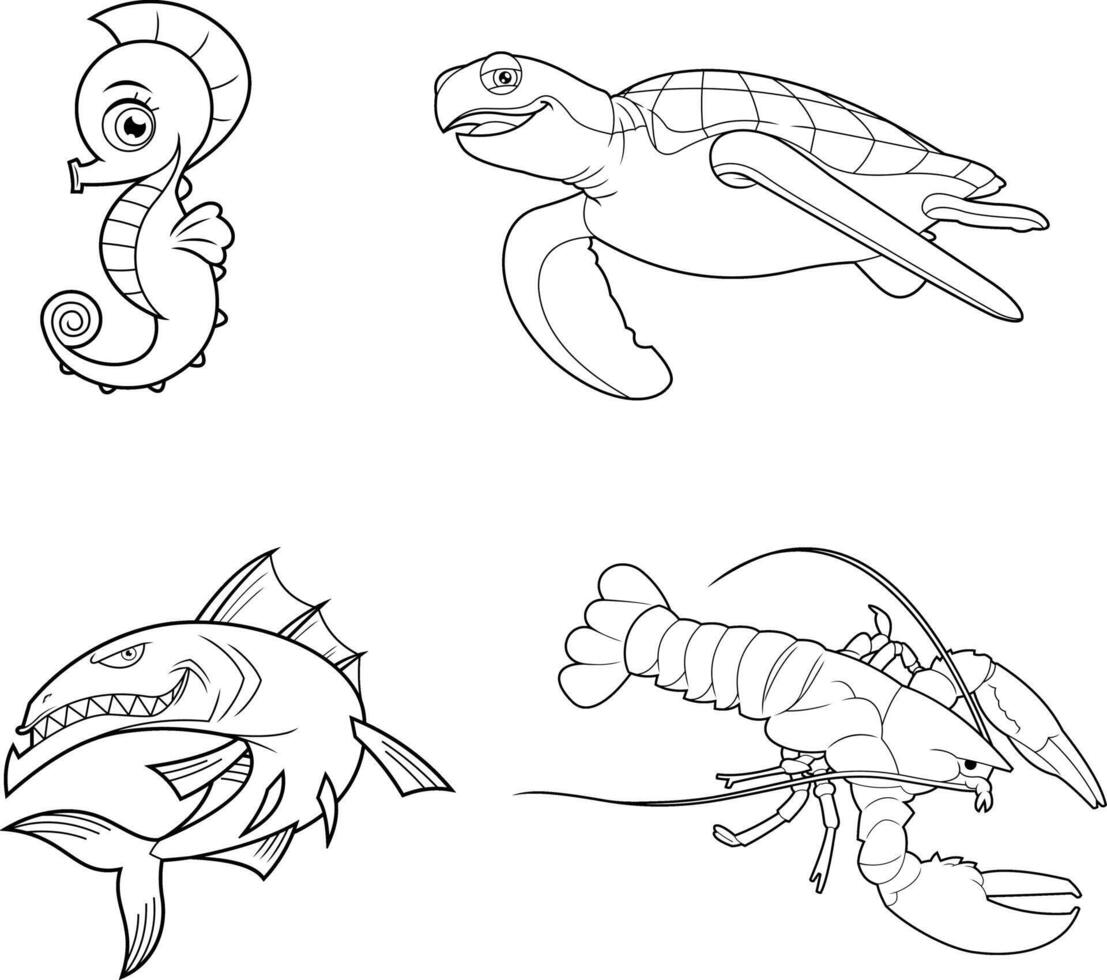 Outlined Ocean Or Sea Animals Cartoon Characters Different Poses. Collection vector