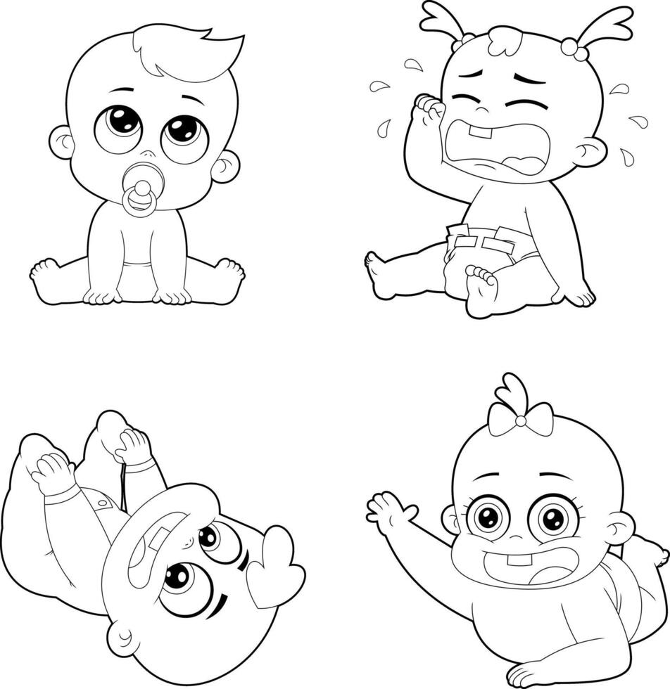 Outlined Cute Babies Cartoon Characters. Hand Drawn Collection Set vector