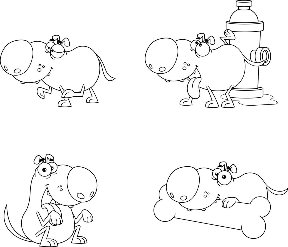 Outlined Dog Cartoon Character In Different Poses. Hand Drawn Collection Set vector
