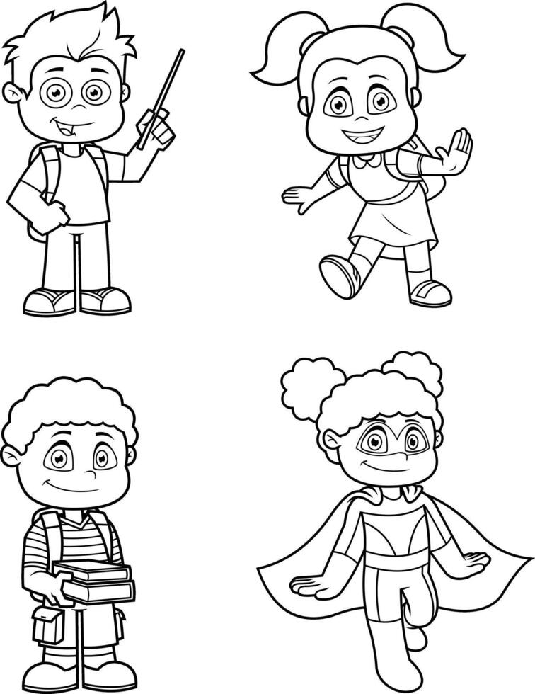 Outlined School Kid s Cartoon Characters In Different Poses. Hand Drawn Collection Set vector