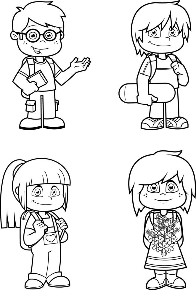 Outlined School Kid s Cartoon Characters In Different Poses. Collection vector