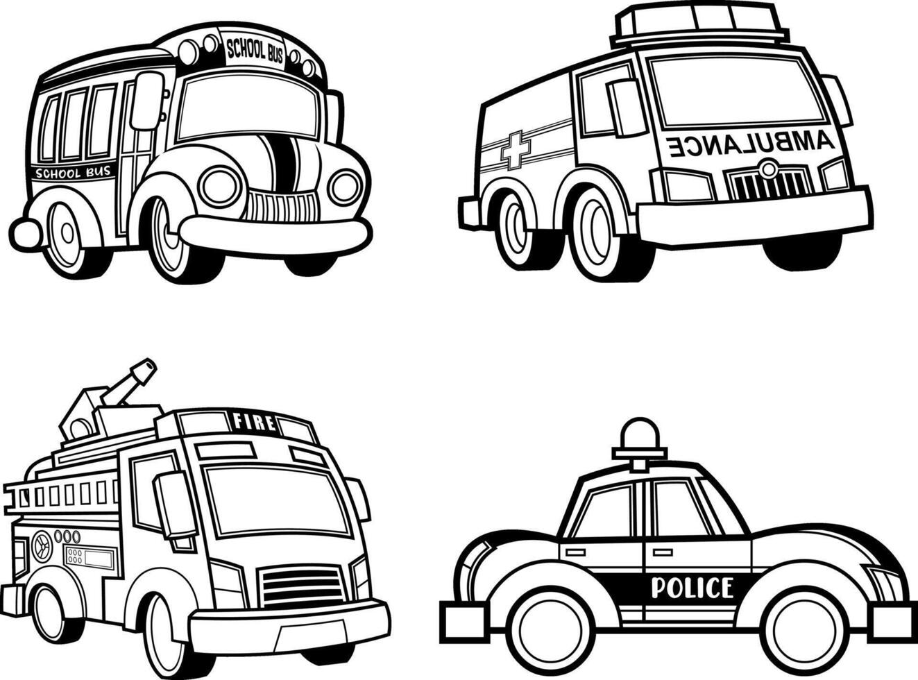 Outlined Different Cartoon Truck. Hand Drawn Collection Set vector