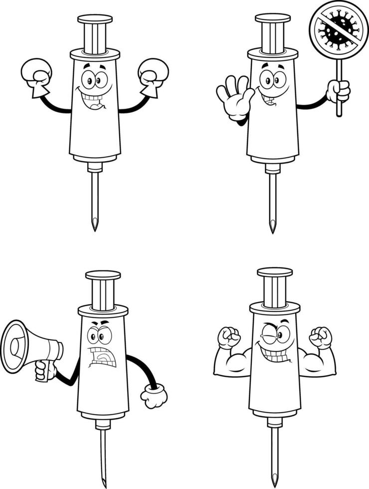 Outlined Syringe Vaccine Cartoon Character In Different Poses vector