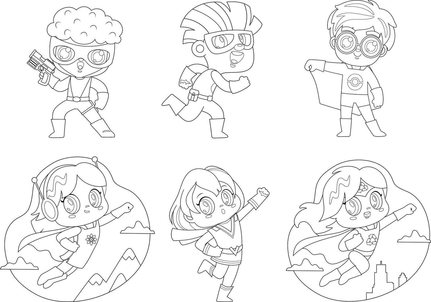 Outlined Cute Super Hero Kids Cartoon Characters. Hand Drawn Collection Set vector