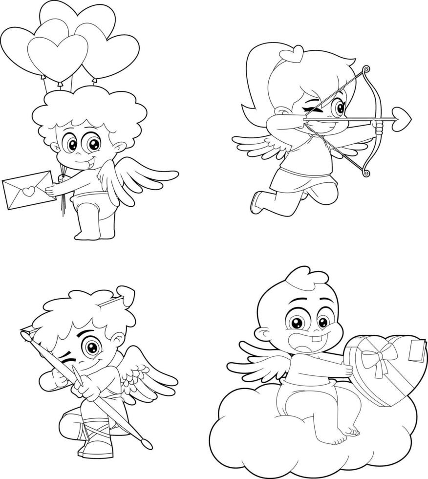 Outlined Cute Cupid Baby Cartoon Character. Hand Drawn Collection Set vector